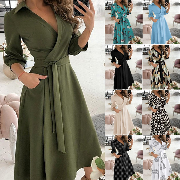 Women Fashion V Neck Lapel Collar Tie Waist Printed Wrap Dress Casual Loose Maxi Swing Dress