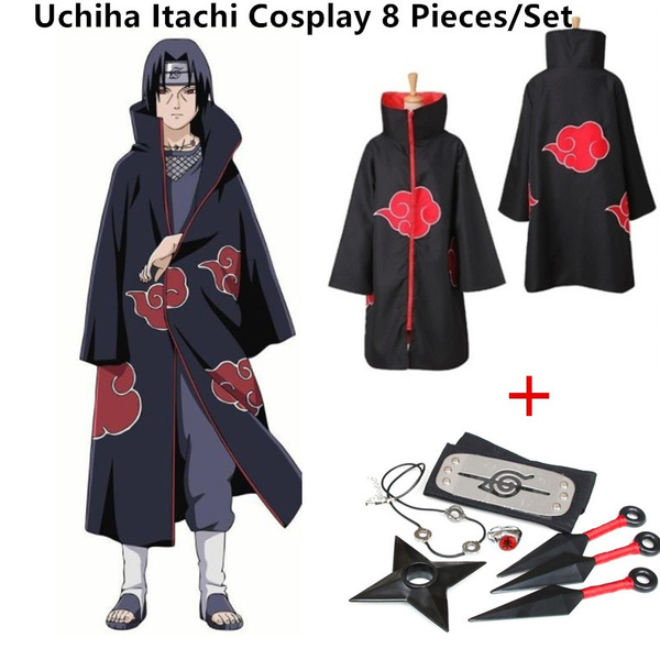 Japanese Cosplay Anime Naruto Akatsuki Itachi Uchiha Deluxe Coak +7 Piece  Accessories
