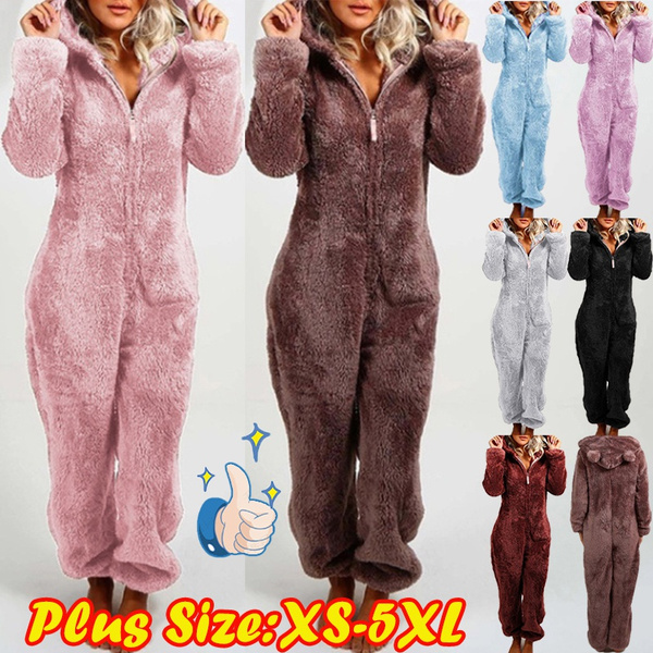 Women's Fashion Winter Warm Long Sleeve Fleece Jumpsuit Pajamas Solid Color  Zipper Home Sleep Wear Causal Plush One-piece Hooded Pajamas Plus Size  XS-5XL