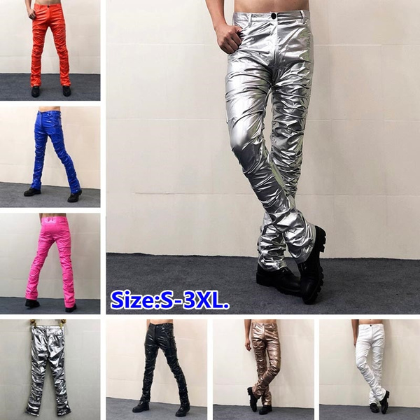 Mens Faux Leather Metallic Pants Shiny Trousers Wet Look Pocket Punk Hippy  Style | eBay