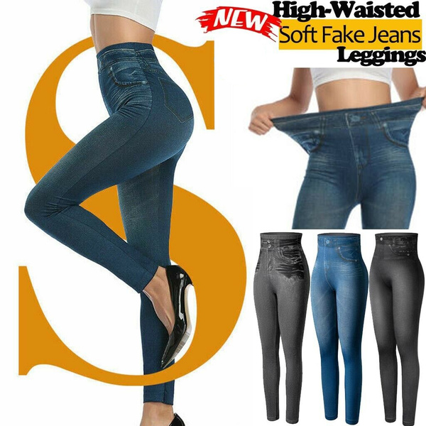 Frontwalk Women High Waist Imitation Denim Fake Jeans Elastic Waist Leggings  Trousers - Walmart.com