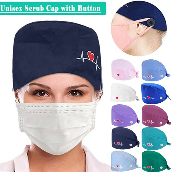 Unisex Surgery Scrub Buttons Hat Printing Medical Doctor Nurse Work Clinic Cap
