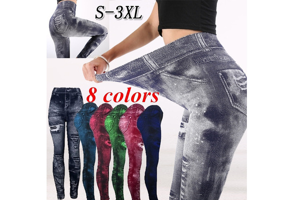 Plus Size 8 Colors Womens Pants Casual Fake Denim Jeans Ripped Stretch Yoga  Leggings Ladies High Waist Denim Print Slim Skinny Tight Trousers