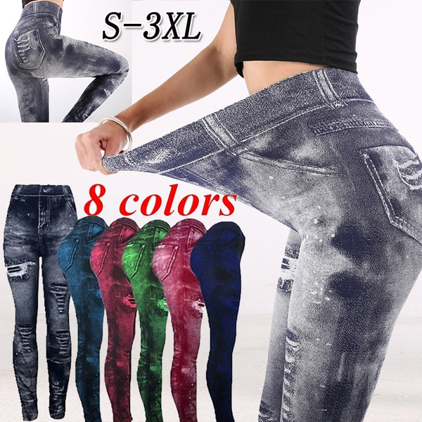 Womens Fake Denim Ripped Strong Stretch Yoga Pants Ladies Casual