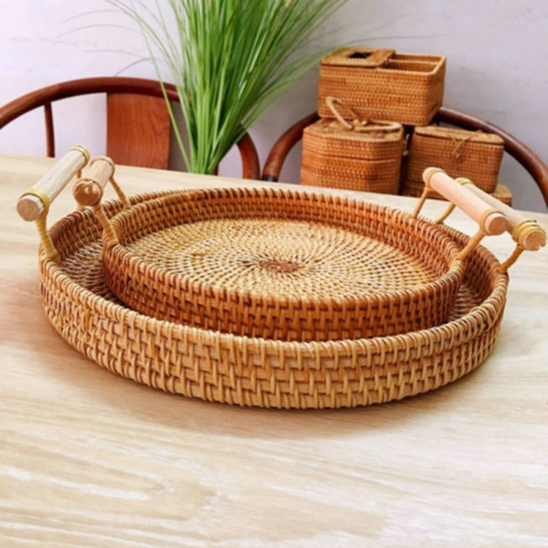 Rattan Storage Tray With Wooden Handle Round Handwoven Wicker Basket ...