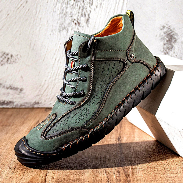 Hand-stitching Leather Boots Men Shoes Casual Slip On Patent Boots Work  Retro Leather Ankle Botas Hot Sale Hombres Botas 2022 | Wish