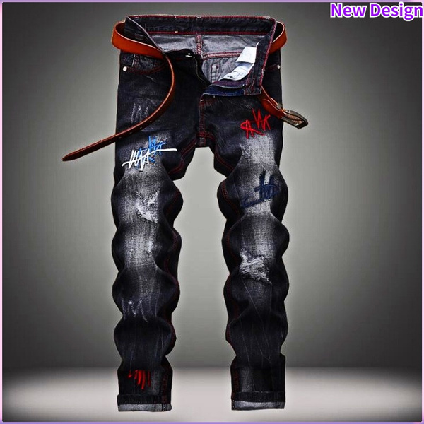 Men's Straight Jeans with Holes Mens Ripped Jeans Black Motorcycle