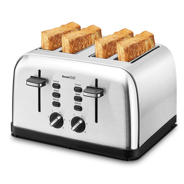 Toaster 4 Slice, Geek Chef Stainless Steel Extra-Wide Slot Toaster with Dual Control Panels of Bagel/Defrost/Cancel functi.