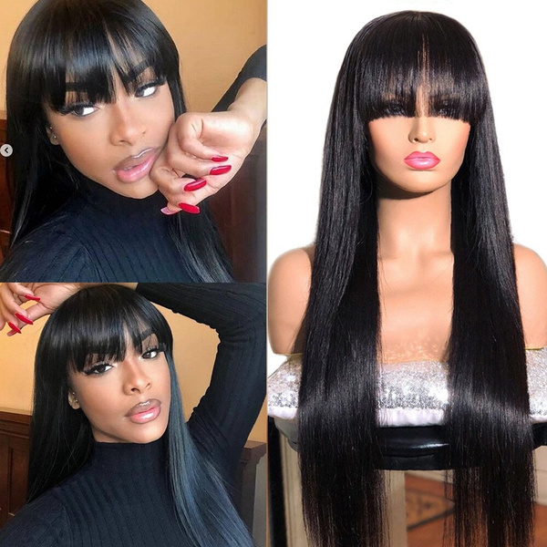 24'' Lifelike Synthetic Hair Wig with Bangs Straight Long Black Wig