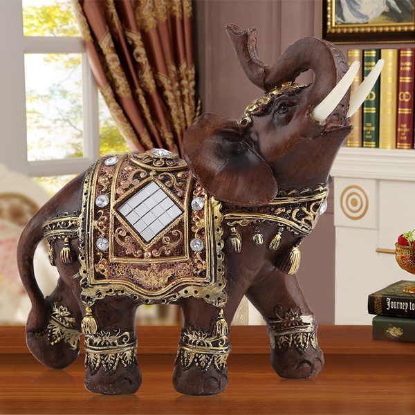 Lucky Feng Shui Wood Grain Elephant Statue Sculpture Wealth Figurine Gift Decor 