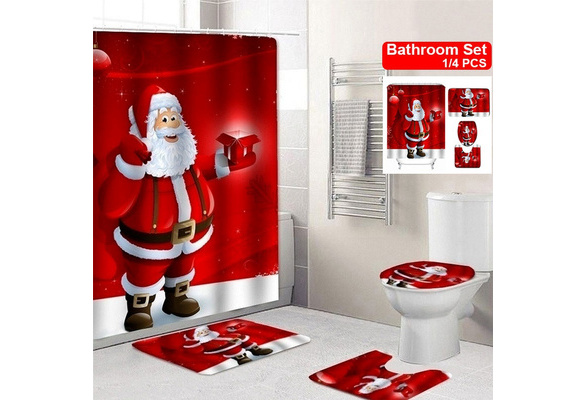 3D Christmas Santa Bathroom Shower Curtain Set Waterproof Shower Curtain  Non-slip Carpet Pedestal Rug Toilet Seat Cover Shower Curtains Christmas  Decro with 12 Hooks 4 Options