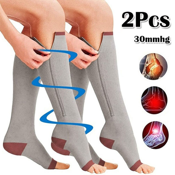 Zipper Compression Socks Women Calf Knee High Stocking Open Toe