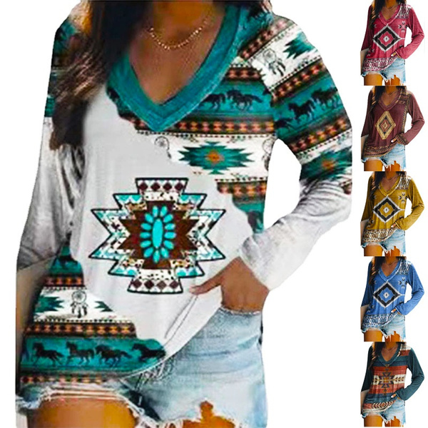 Western Shirts for Women Long Sleeve Aztec Geometric Hoodies Plus