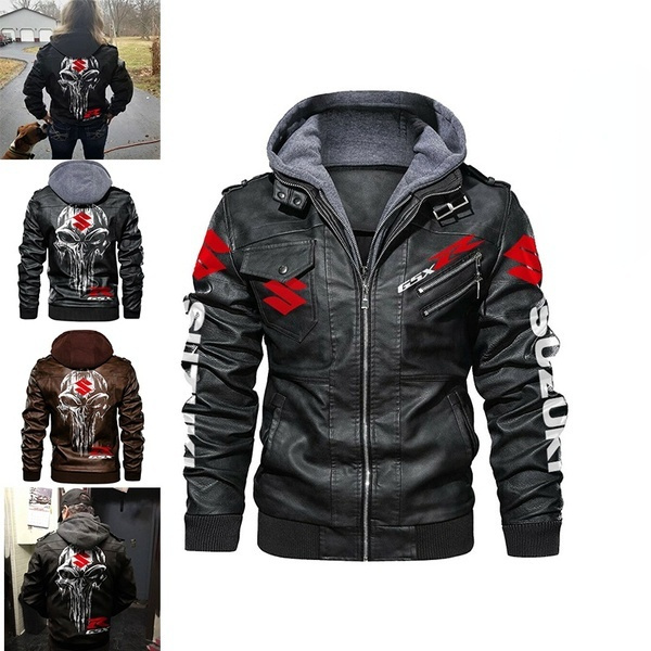 Faux Leather Bomber Jacket Suzuki Gsxr Printing with Removable Hooded ...