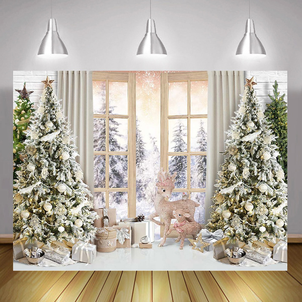 Xmas Window Kids Background Photocall Christmas Tree Winter White Pine ...