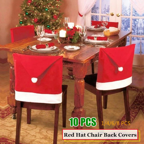 10pcs Christmas Kitchen Red Hat Chair Back Covers for Christmas Dinner Decor 