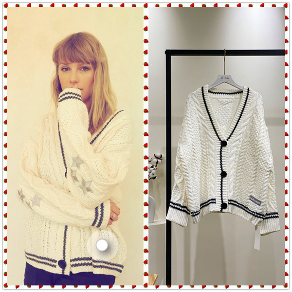 20FW Fashion Women Knitted Cardigan Taylor Swift Star Embroidery Cardigan  Folklore Album Winter Sweater