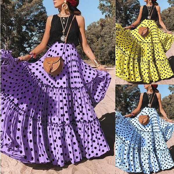 Womens High Waist Polka Dots Maxi Skirt Fashion Holiday Beach Wear