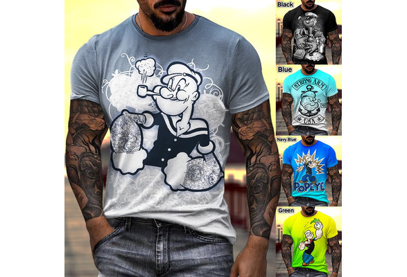 Man's Petrol Blue T-shirt with Popeye tattoo print | OVS