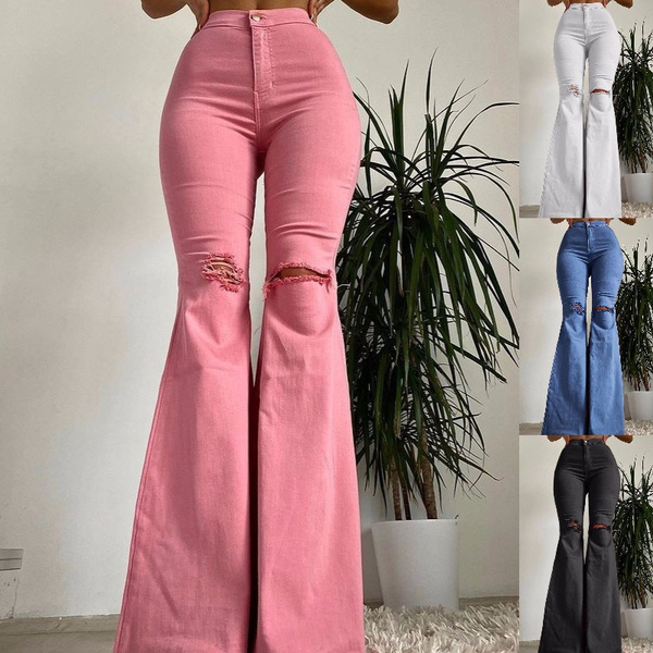 New Women Fashion Slim Fit Solid Color Bell-bottoms Jeans Classic