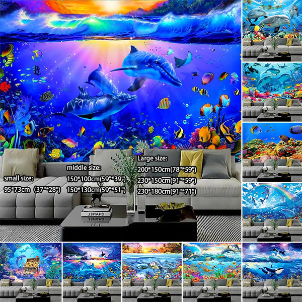 Home decor colorful ocean fish tapestry wall hanging wall decoration art  tapestry bedroom window decoration wall hanging curtain background size  tapestry