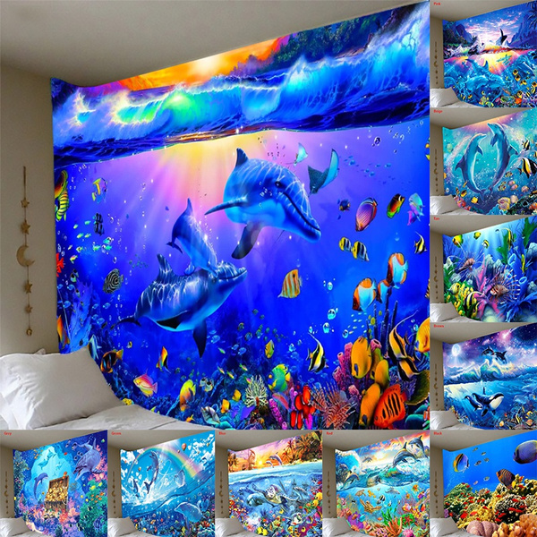 Home decoration colorful dream ocean fish tapestry wall hanging wall  decoration art tapestry bedroom window decoration wall hanging curtain  background large tapestry