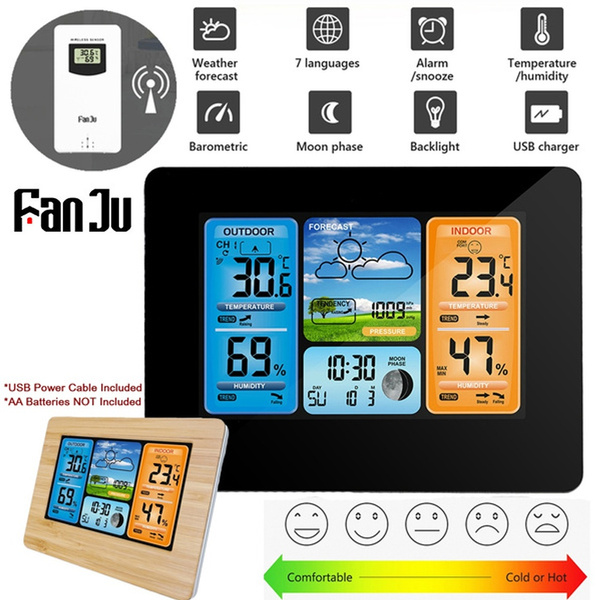 FanJu FJ3373 Multifunction Digital Weather Station LCD Alarm Clock Indoor Outdoor  Weather Forecast Barometer Thermometer Hygrometer with Wireless Outdoor  Sensor USB Power Cord