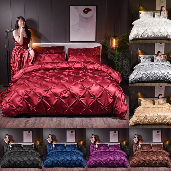 2 3pcs Luxury Satin Silk Bedding Set, Red Silk Duvet Cover Set Queen