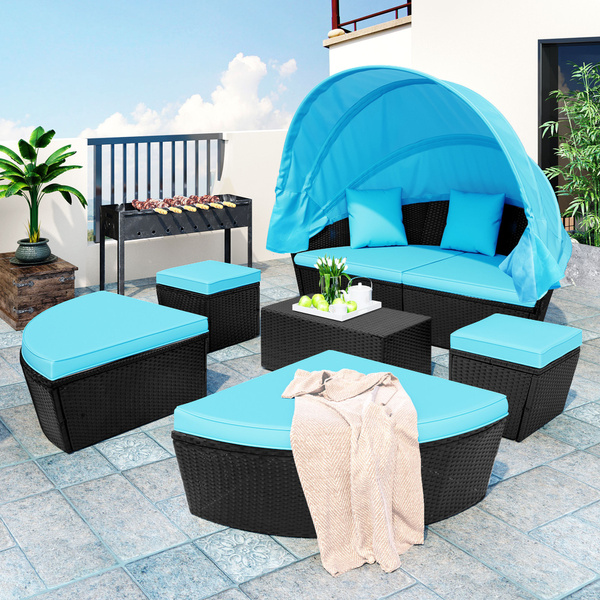 Merax Patio Furniture Round Outdoor Sectional Sofa Set, Rattan Daybed Two-Tone Weave Sunbed With Retractable Canopy, Separate Seating And Removable