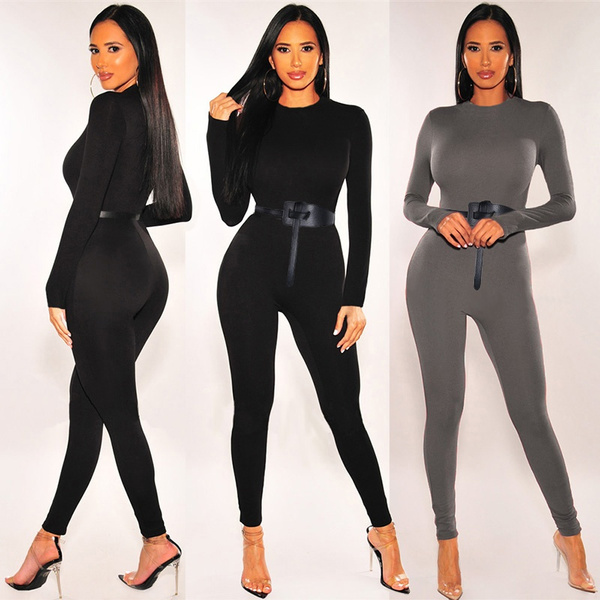 Women Elegant Long Sleeve Bodycon Black Jumpsuit and Leather Belt