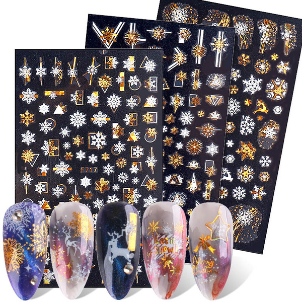 Christmas Nail Stickers 3D Gold Metallic Snowflake Nail Decals Self