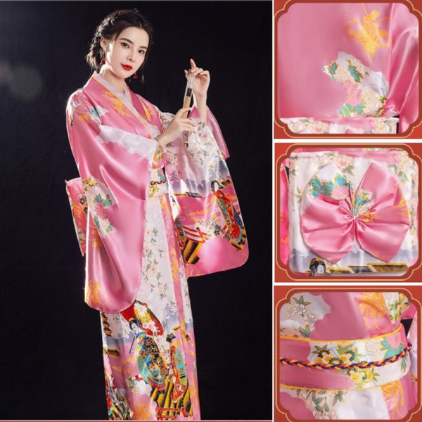 Japanese Women Kimono Satin Floral Yukata Bride Bathrobe Nightgown ...