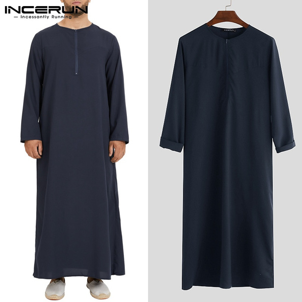 Mens Muslim Clothing Long Sleeve Solid Color Islamic Arab Kaftan Jubba