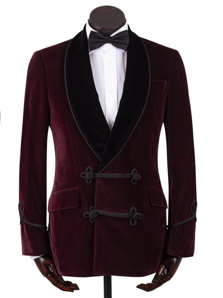 Elegant Luxury Rich Burgundy Red Velvet Smoking Jacket with Black ...