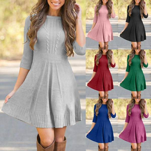 Cable Knit Sweater Dress, Casual Solid Long Sleeve Dress, Women's Clothing