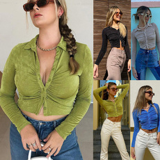 Fashion, women crop top, Long Sleeve, Pleated