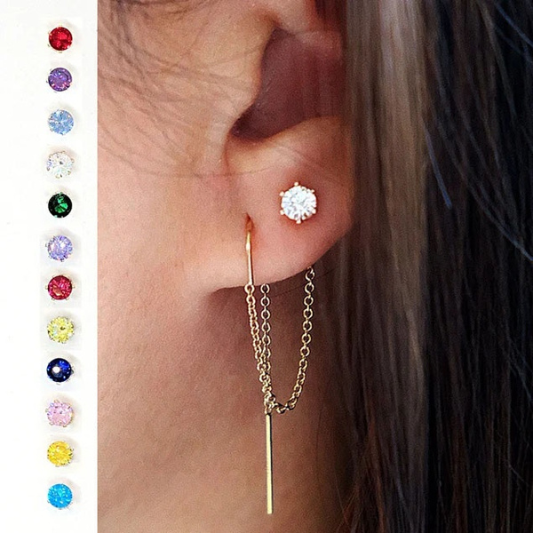 Double Piercing Earring Silver/gold Threader Earrings & Birthstone Cubic  Zirconia Stud Earrings 2 Hole Threaded Chain 30th Birthday Gift Her - Etsy  | Threader earrings, Etsy earrings, Double piercing