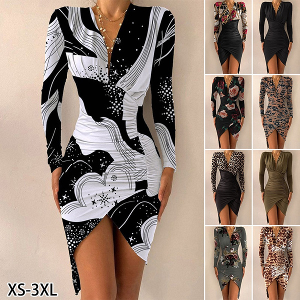 Women Shirts Dress Office Lady Long Sleeve V-Neck High Waist Mini