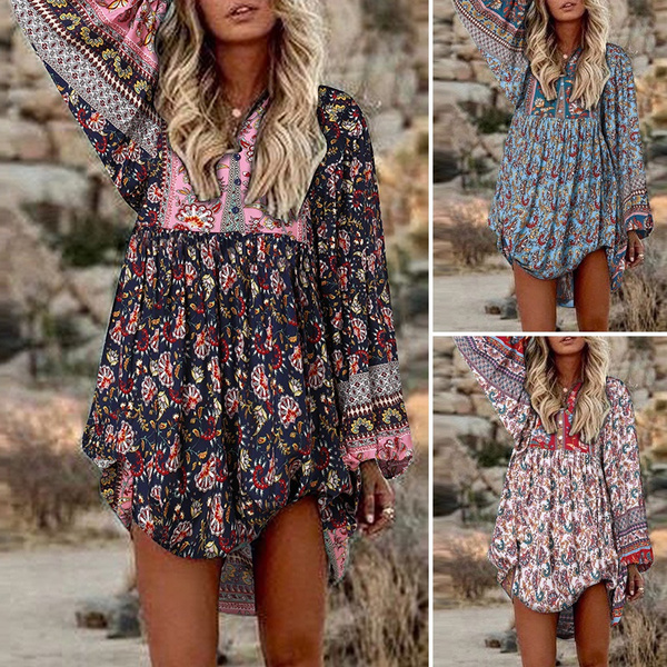 Sleeve Bohemian Printed Smock Dress 