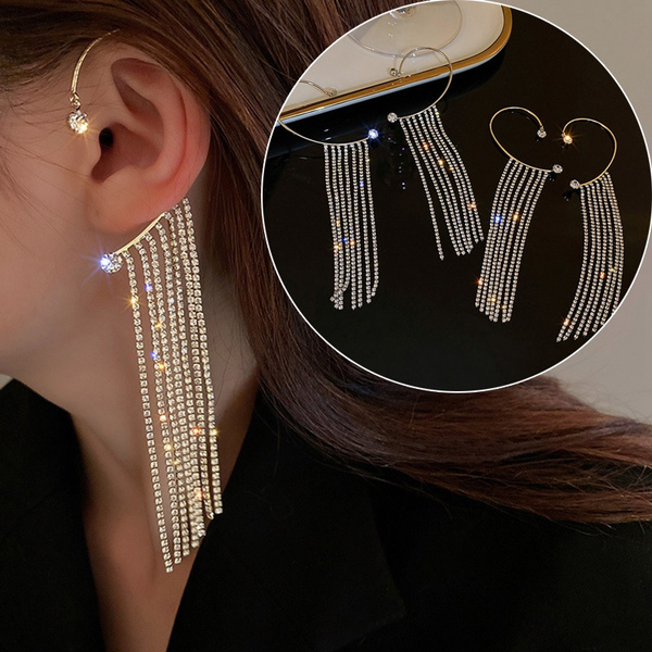 Women Elegance Long Dangle Jewelry Party Gifts Sparkling Diamond Tassel Earrings Dangle Ear Cuff Earrings Without Pierced Earrings