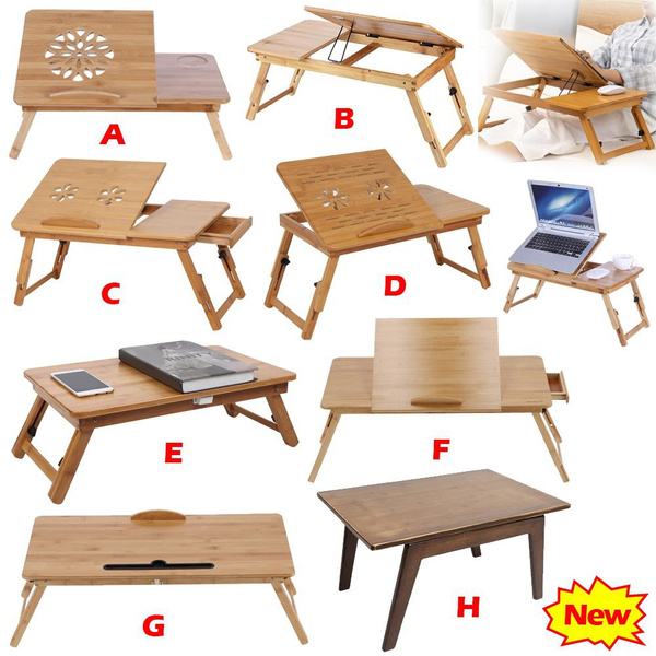 Bamboo Laptop Table Desk Tilting Computer Stand With Drawer Portable ...