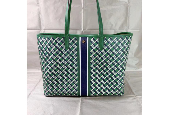 NWT Tory Burch Geo Logo with Stripe Top Zip Tote Bag Purse Dusted