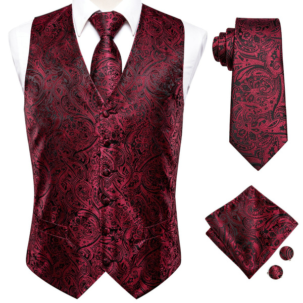 Fashion Mens Classic 4pcs Paisley Waistcoat Silk Tie Wine Red Tuxedo