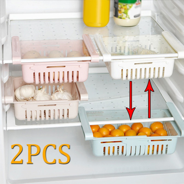 ❤Ywoow❤ Light Blue + White + Khaki + Pink Retractable Refrigerator partition Organize Storage Rack New Kitchen Article Storage Shelf Refrigerator Drawer Shelf Plate Layer 