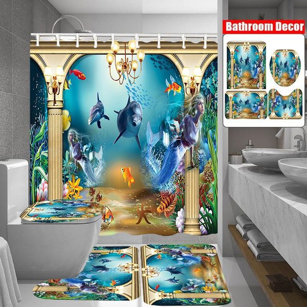 59x71in Waterproof Shower Curtain Polyester Dolphin Fish Ocean with 10 Hooks for Bathroom Hotel, Size: 59 x 71, Blue