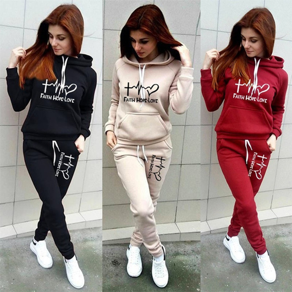 FAITH HOPE LOVE Women s Hoodie Pant Sets Sport Wear Pullover Plus