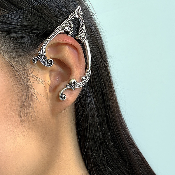 1 PC Punk Fairy Ear Cuff Earring Dark Elf Ear Clip Flower Dragon Snake No Piercing  Earrings for Women Silver Color Goth Halloween Earcuff Fashion Jewelry  Gifts