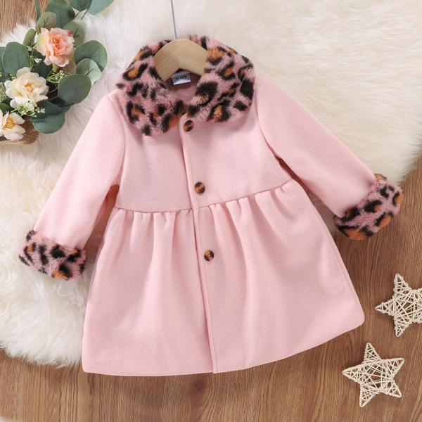 Baby Girls Warm Fleece Outerwear Button Down Leopard Faux Fur Collar