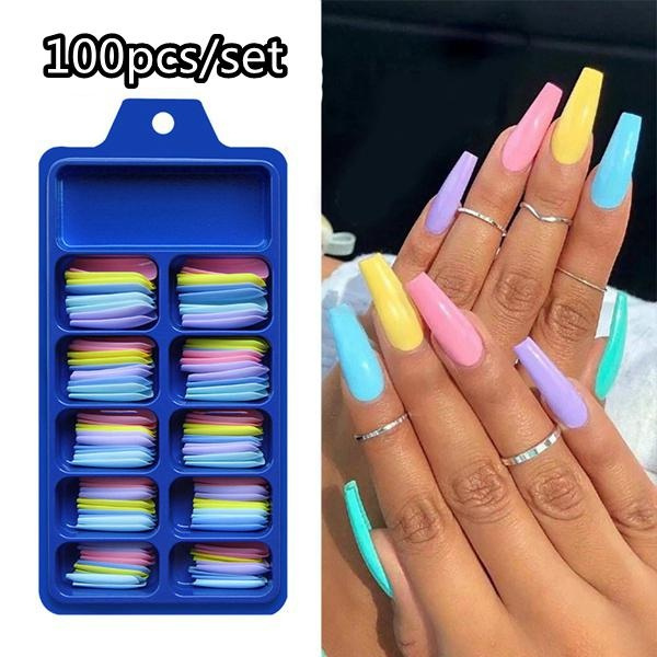 100Pcs Set False Nail Artificial Nails Tips Black Arcylic Fake Press on ...