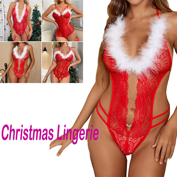 2Pcs Christmas Feather Trimming Bodysuit Halter V Neck Backless Lace See  Through High Cut Thong Leotard Lingerie Sleepwear #S-2XL